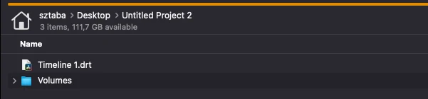 Exported DaVinci Resolve package containing a Timeline 1.drt file and a Volumes media folder