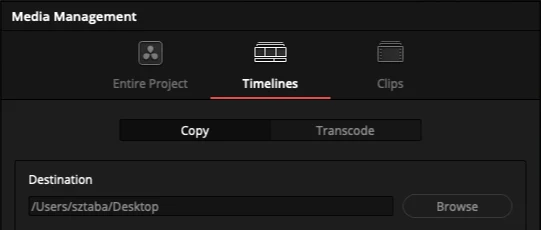 DaVinci Resolve Media Management window with the Timelines tab and Copy option selected