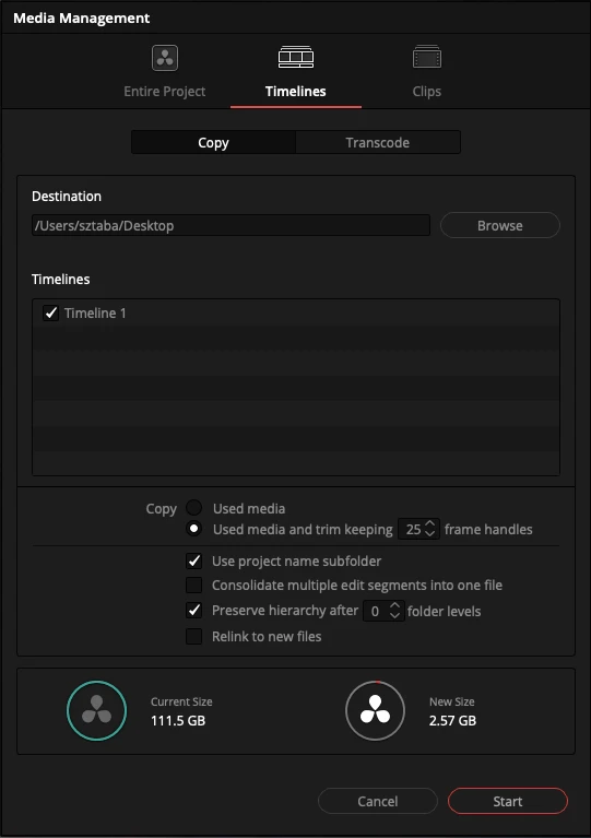Full DaVinci Resolve Media Management settings showing one selected timeline, 25-frame handles, project subfolder, and preserved hierarchy